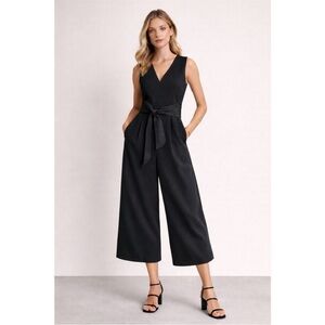 Tibi sz 0 Crop Wide Leg Black Bow V-Neck Waist Tie Jumpsuit Side Pockets